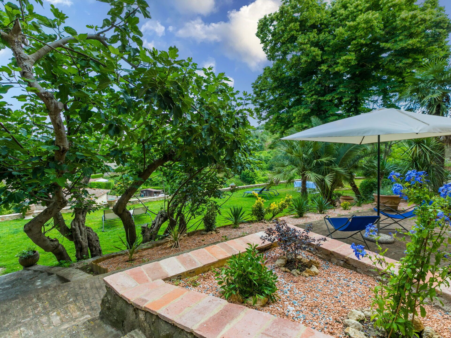 A garden with a stone pathway, a seating area with a table and chairs, and a large umbrella.