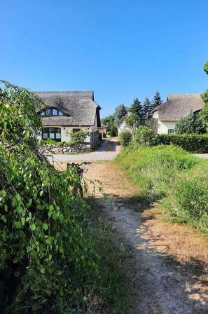 Escape to a serene countryside retreat surrounded by lush greenery and traditional thatched-roof cottages.
