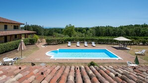 A rectangular swimming pool with a surrounding patio area, including lounge chairs and a table.