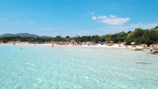 Une plage avec une eau turquoise et limpide, des parasols et des gens.