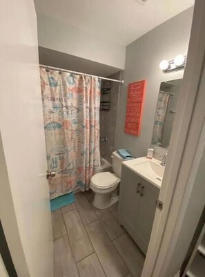 Secador de cabelo, toalhas de banho, sabonete, shampoo