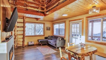 Télévision, cheminée, livres, espaces bureaux