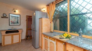 Uma cozinha compacta com geladeira, armários de madeira, pia e janela com cortinas.