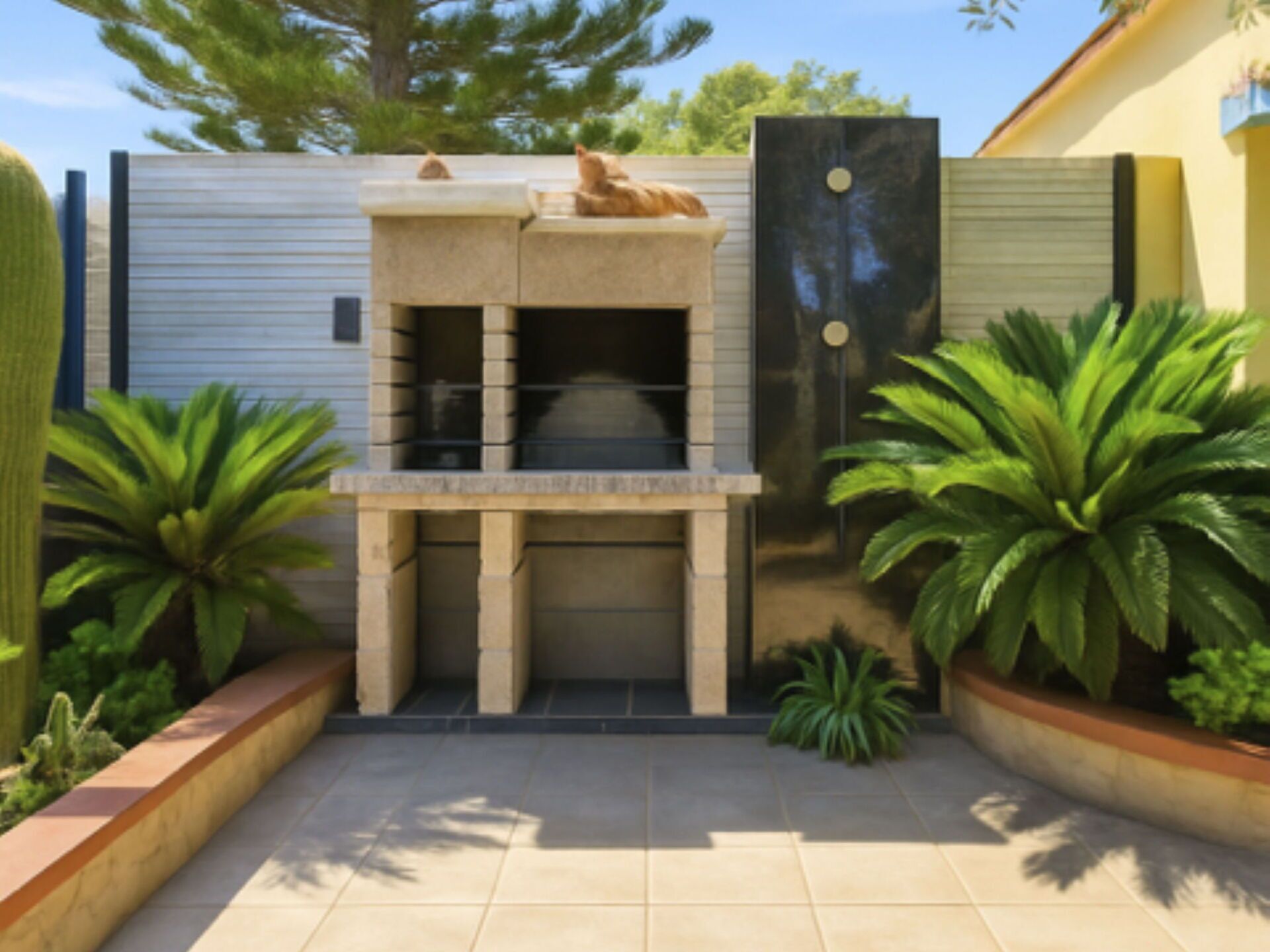 Eine moderne Outdoor-Küche mit Steinabdeckplatte und eingebautem Ofen, umgeben von Topfpflanzen und einer gefliesten Terrasse.