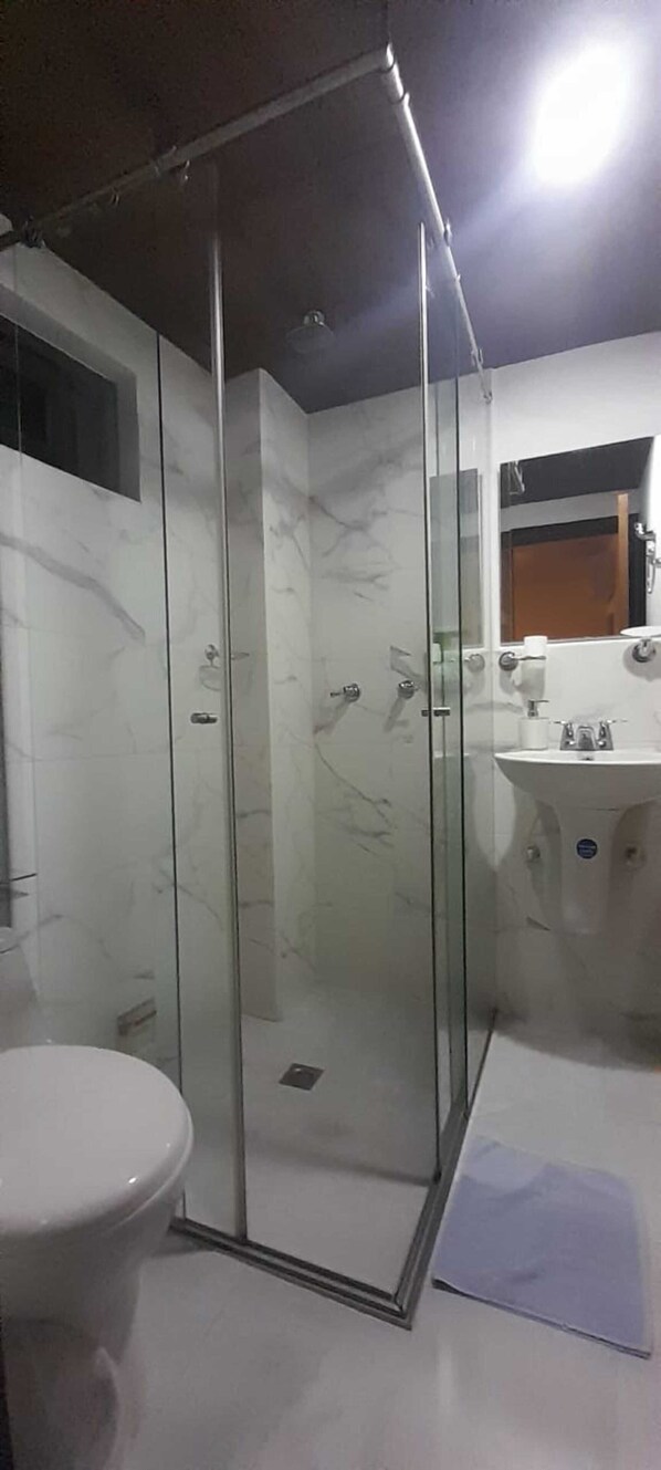 A bathroom with a glass-enclosed shower, a white toilet, and a sink with a mirror above it. - HOTEL ALTANA (Cali)