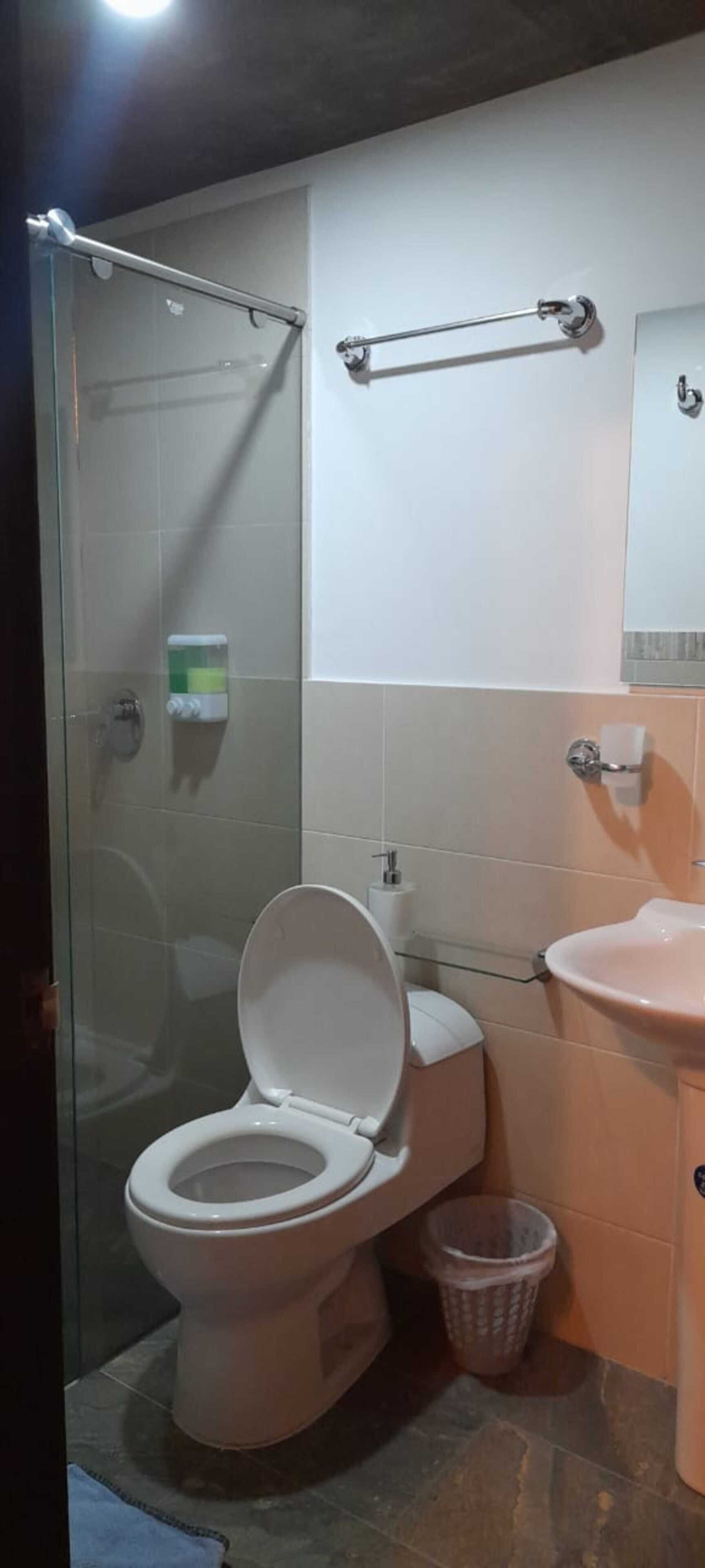 A bathroom with a glass-enclosed shower, a white toilet, a sink, and a towel rack.