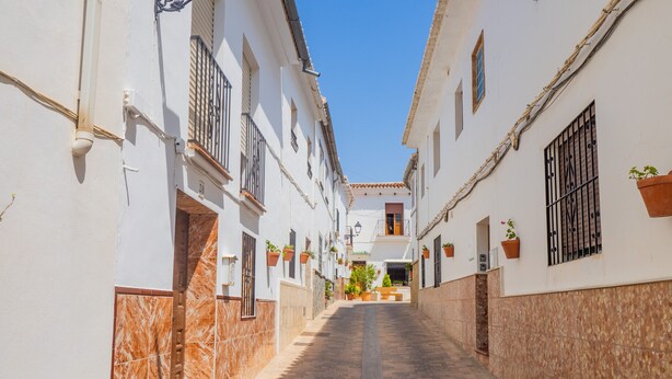 Un estrecho callejón pavimentado bordeado por edificios blancos con secciones inferiores de tejas de terracota.