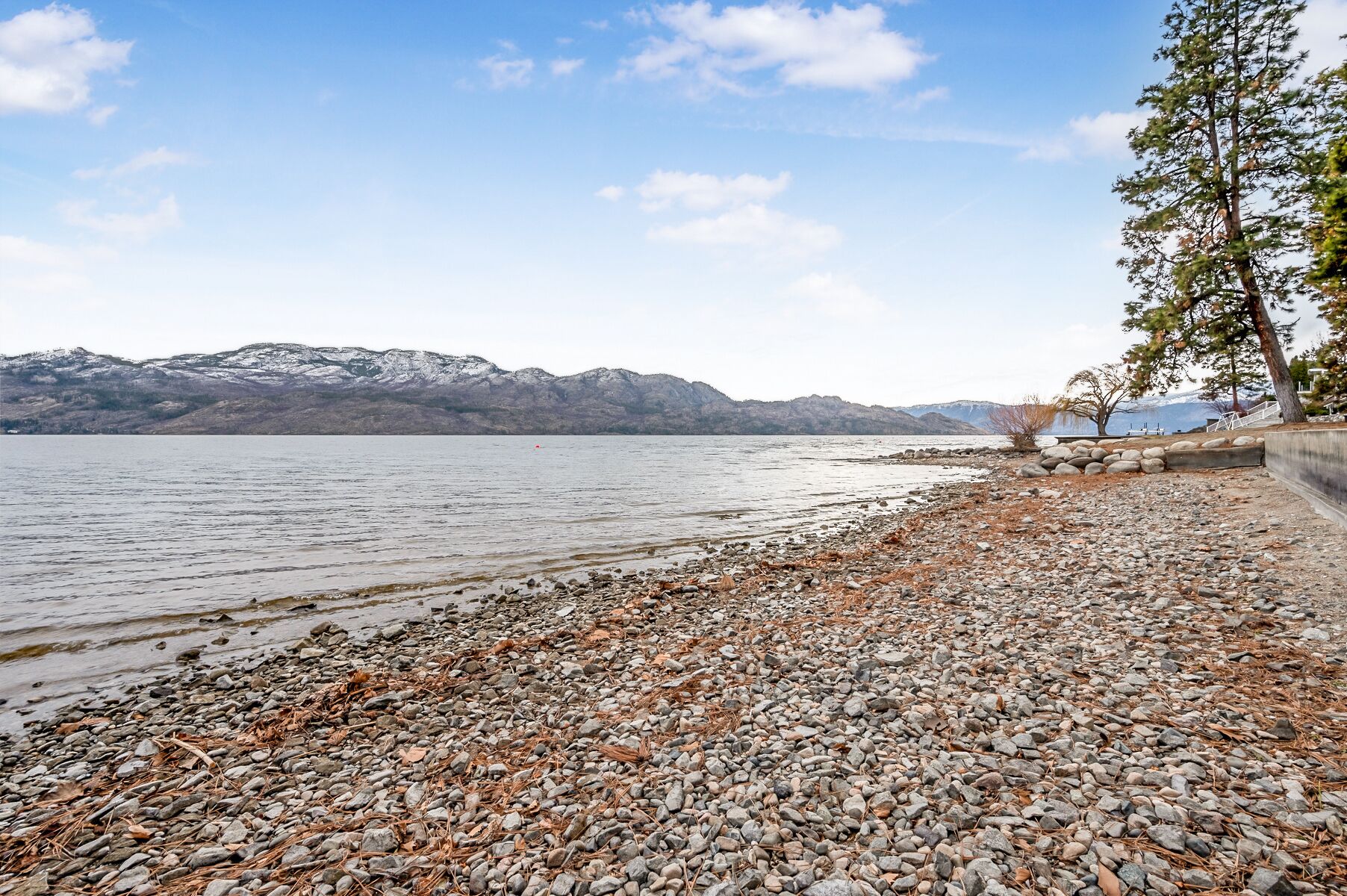 A rocky shoreline with a view of mountains in the distance.