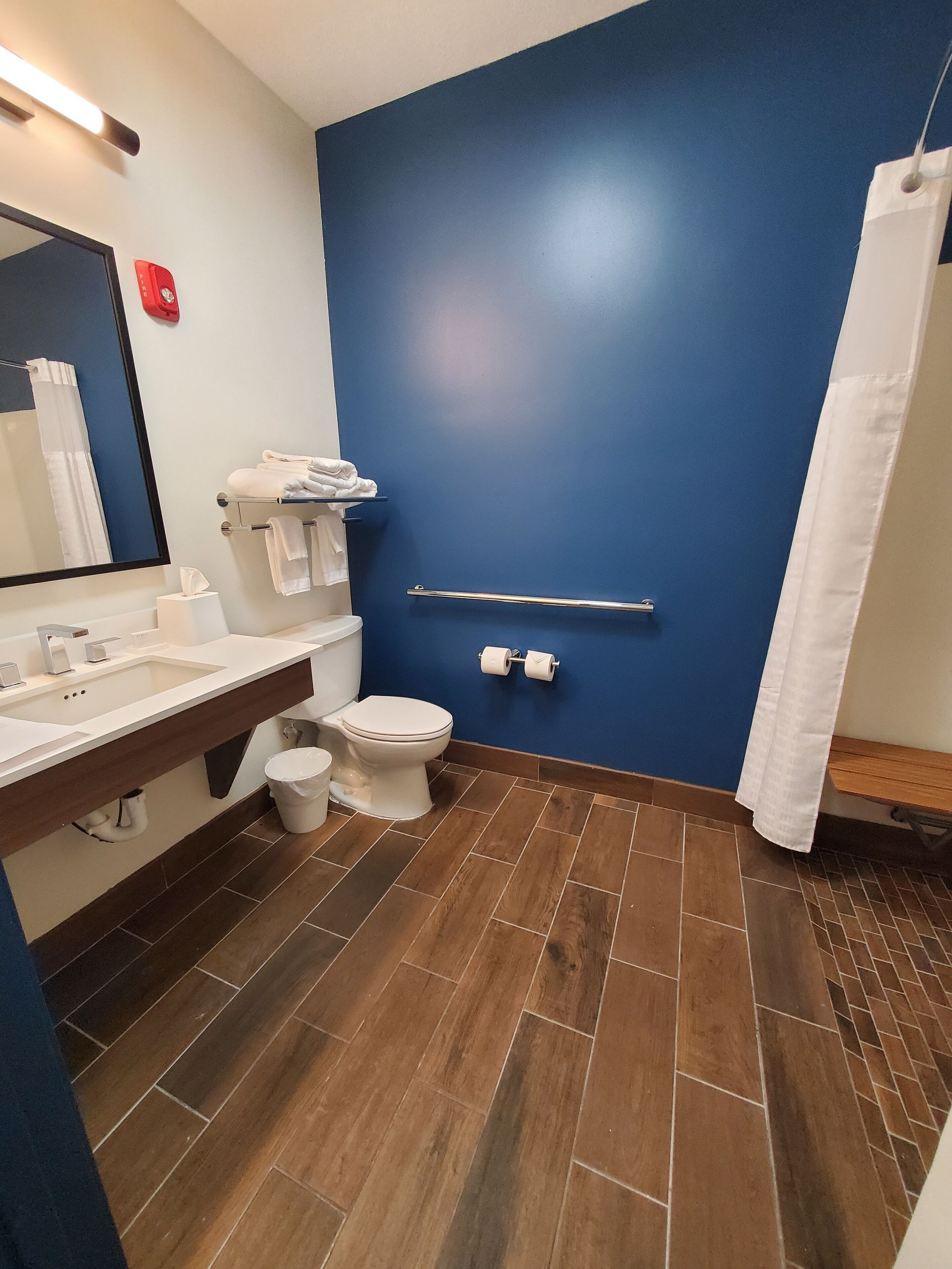 Un bagno con una parete blu, un WC bianco, un lavandino con uno specchio e una tenda da doccia.