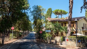 Una calle tranquila bordeada de árboles y un edificio amarillo con tejado de baldosas.