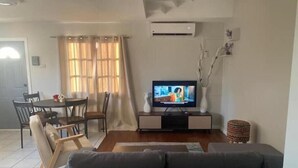 A living room with a sofa, a TV on a stand, a dining table with chairs, and a window with curtains.