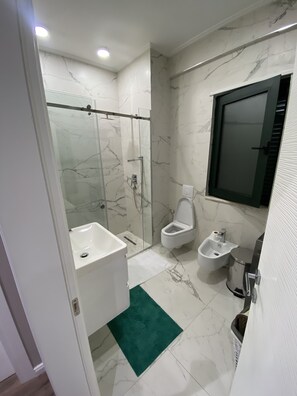 Dusche, Haartrockner, Bidet, Handtücher