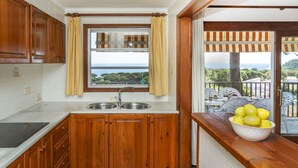 Una cocina con armarios de madera, un lavamanos doble y un ventanal con cortinas.