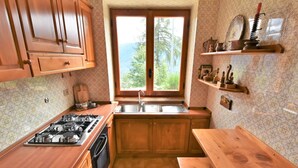 Una cocina con armarios de madera, estufa a gas, pileta y ventana con vista a árboles.