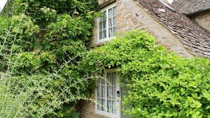 A stone building with a window and a door partially obscured by green foliage.