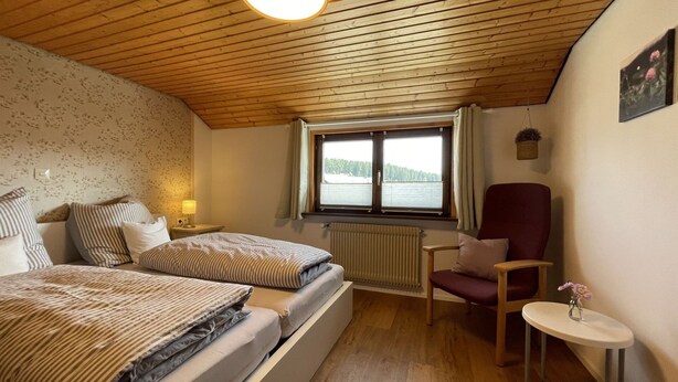 A cozy bedroom with two beds, a wooden ceiling, a window with a view, a chair, and a small table.