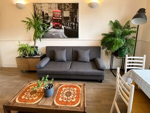 Smart TV, chimenea y libros 