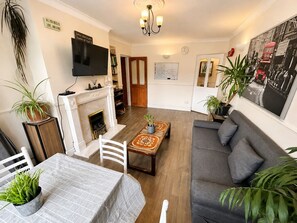 Smart TV, fireplace, books