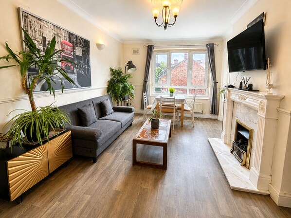 Smart TV, fireplace, books