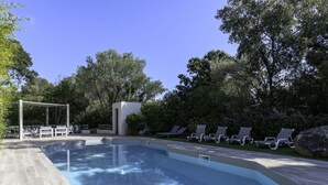 En rektangulær swimmingpool omgivet af en træterrasse, med en pergola og siddepladser samt liggestole langs poolkanten.
