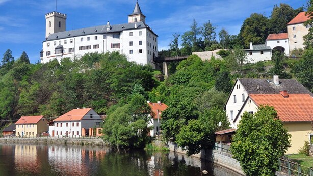Un bâtiment qui ressemble à un château, avec de nombreuses fenêtres et une tour, entouré d’arbres et bordé par un plan d’eau.