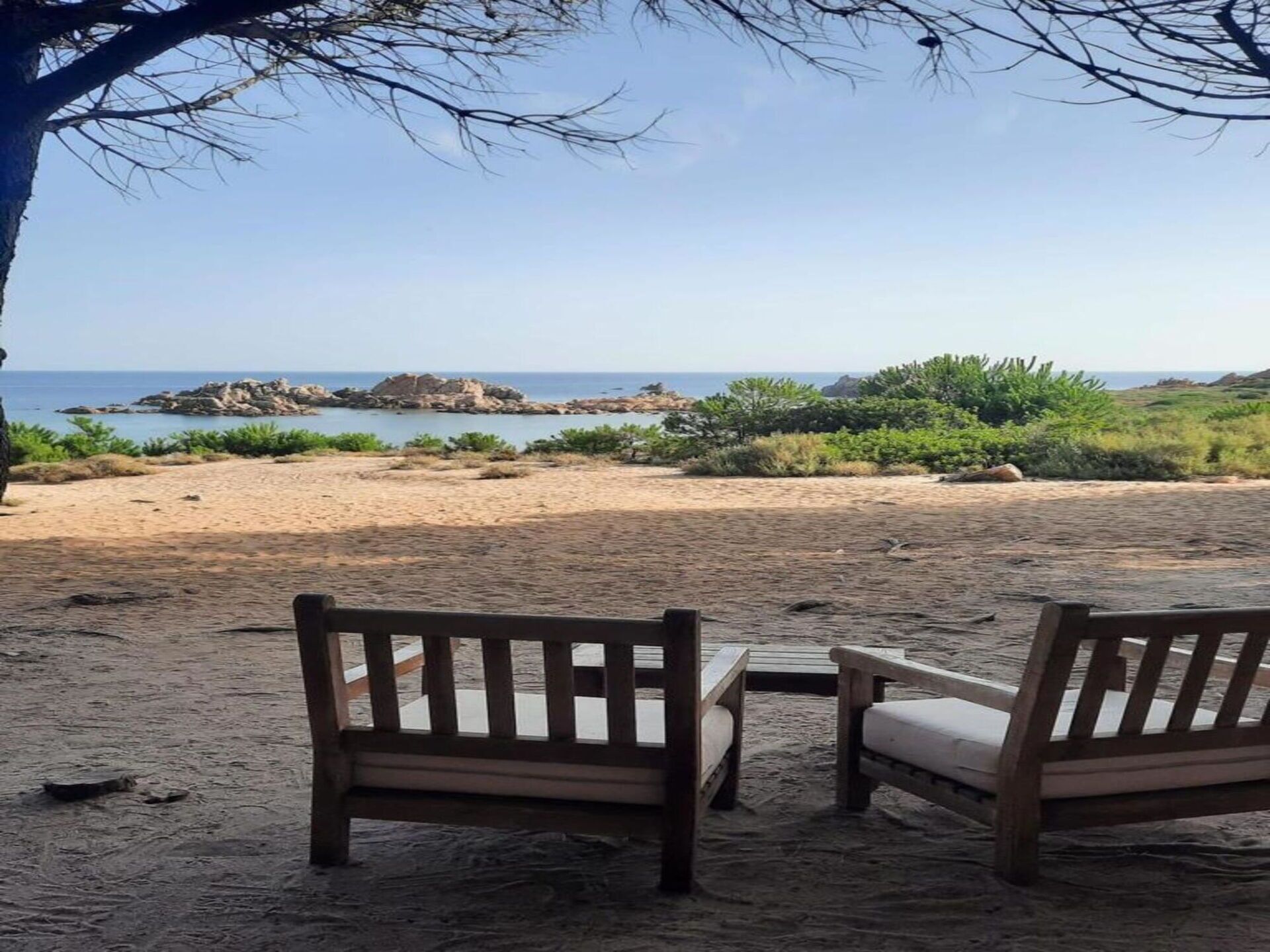En strand med två träbänkar som vetter mot havet, omgiven av grönska och klippformationer.