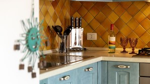 A kitchen with blue cabinets, a stainless steel sink, and a wine bottle. - Beautiful apartment for 5 people with A/C, TV and terrace (Regia Dogana)