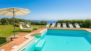 A swimming pool with sun loungers and an umbrella, surrounded by a grassy area and a view of distant mountains. - Beautiful private villa with WIFI, private pool, A/C, TV, patio, pets allowed and panoramic view (Montecatini)