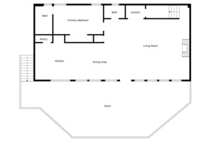 Planta baixa mostrando uma cozinha, sala de jantar, sala de estar, quarto principal, banheiro e área de lavanderia.