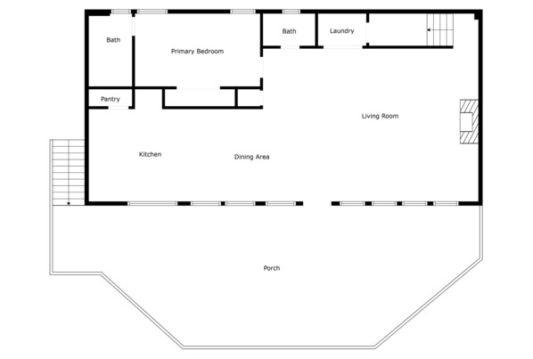 Een plattegrond met een keuken, eetgedeelte, woonkamer, hoofdslaapkamer, badkamer en wasruimte.