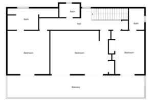 Planta baixa com três quartos, duas casas de banho, um corredor e uma varanda.