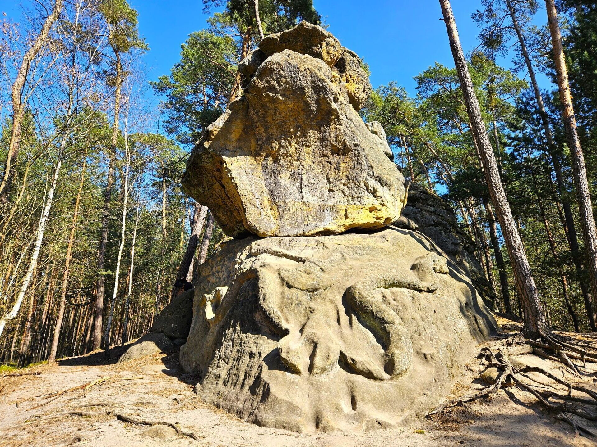 Eine große Felsformation mit einem darauf balancierenden Felsen, umgeben von einem Wald.
