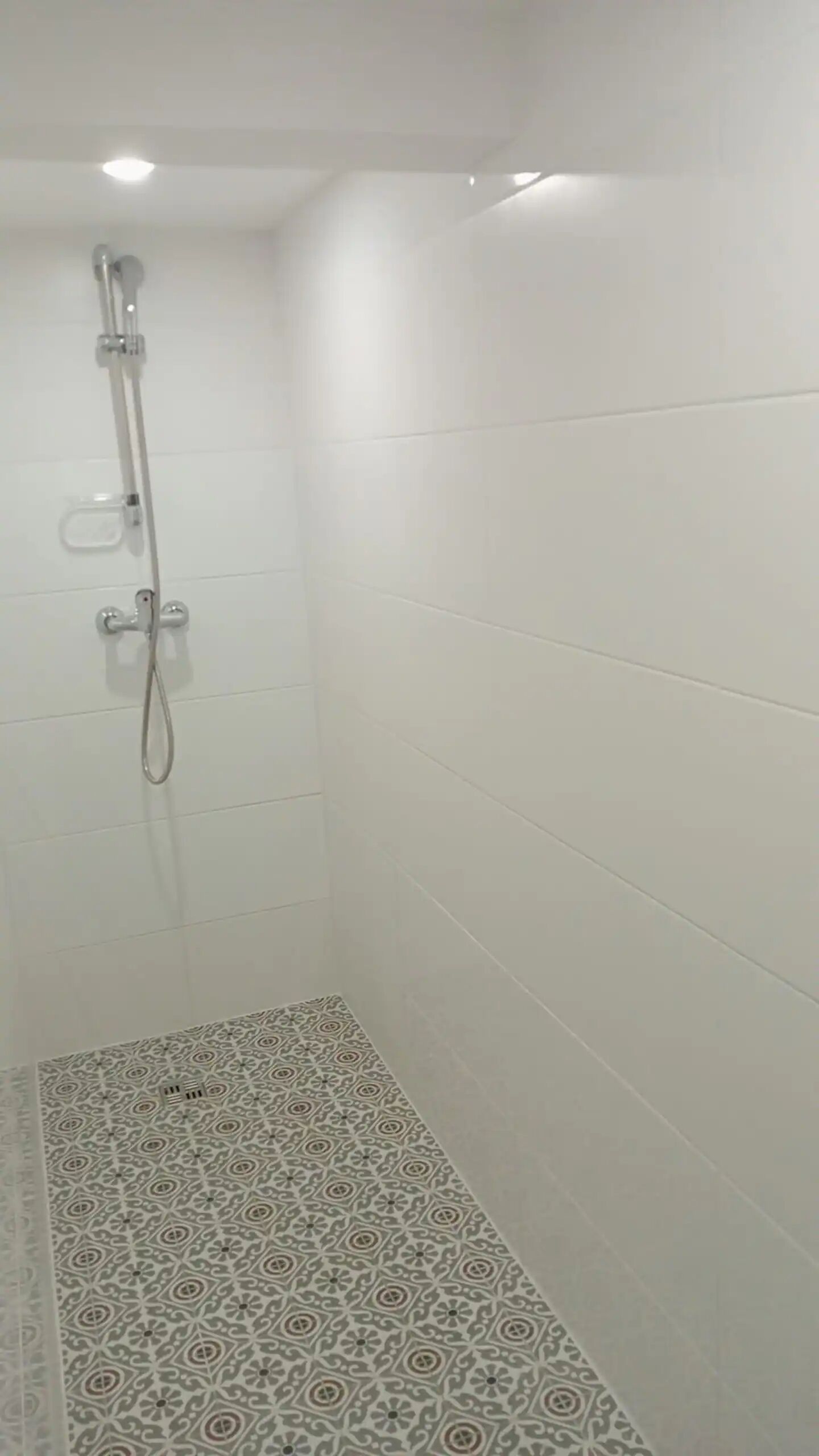 A shower with a handheld showerhead and a wall-mounted faucet. The shower has a tiled floor with a geometric pattern.