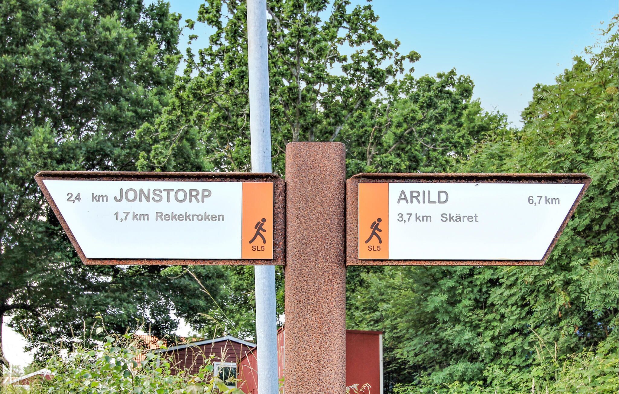 Un panneau indicateur directionnel avec deux flèches pointant vers Jonstorp et Arild, indiquant les distances et les directions.