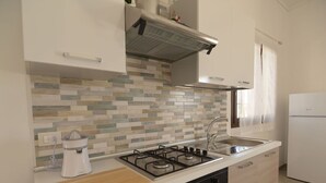 Eine moderne Küche mit Gasherd, Spüle und Backofen.