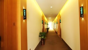 A hotel hallway with wooden doors, numbered room signs, and a potted plant. - Greentree Inn Hefei Government Cultural District South District Provincial Hospital Nanqu Hotel (Hefei)