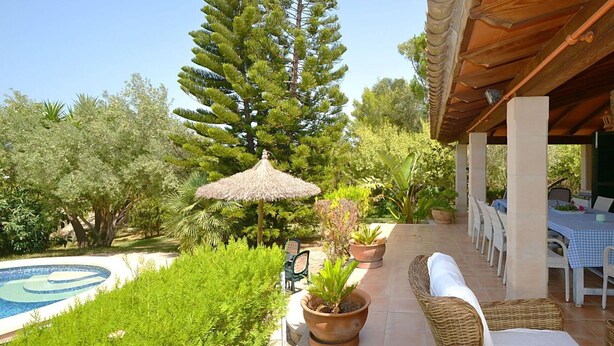 A covered outdoor seating area with a pool, surrounded by lush greenery and a tall pine tree. - Wonderful private villa for 6 guests with WIFI, private pool, TV, patio and panoramic view (Inca)