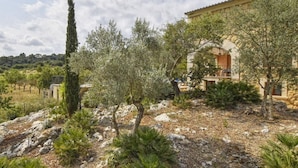 A rustic villa with a stone facade, surrounded by olive trees and a rocky landscape.