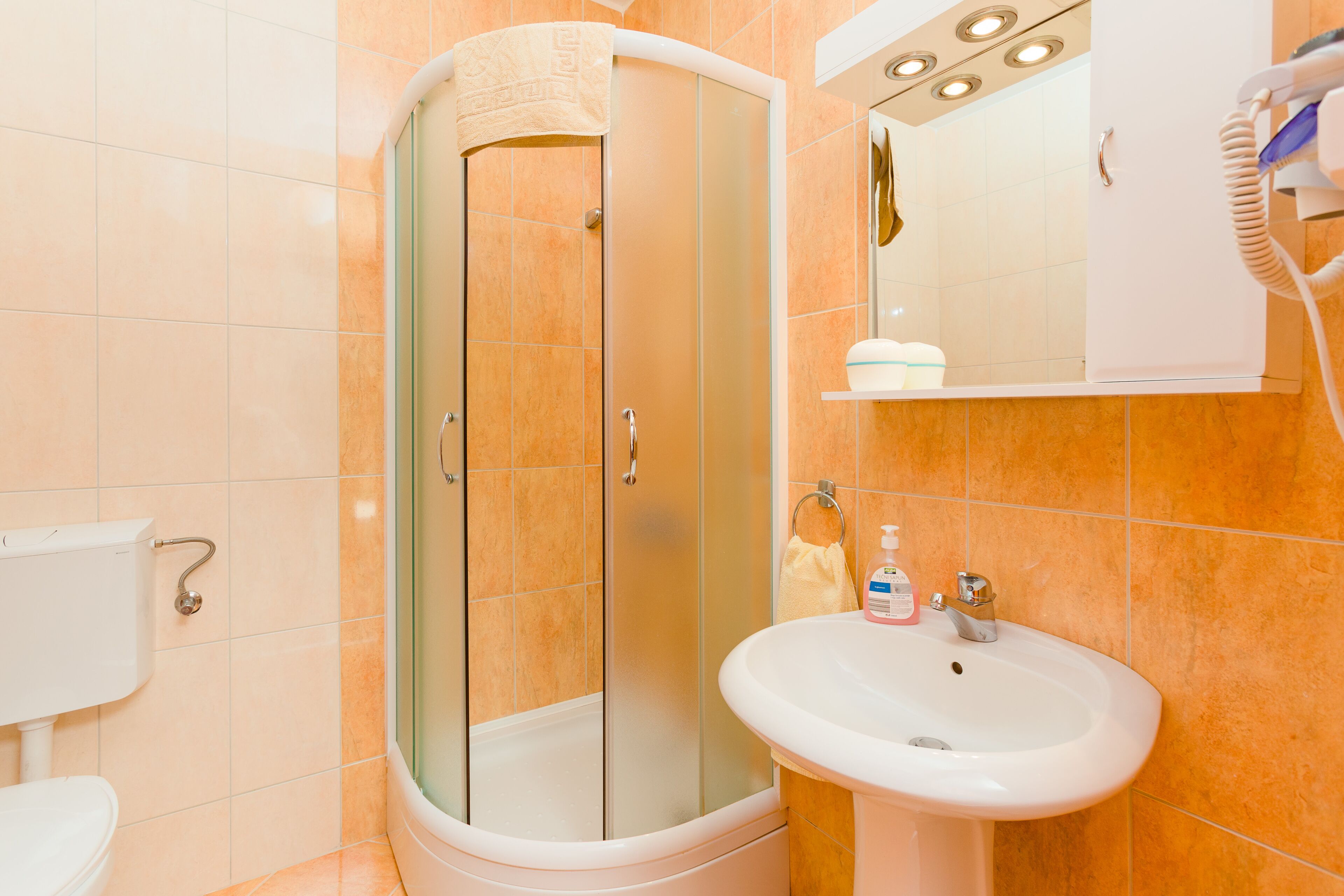 A bathroom with a glass-enclosed shower, a white sink, and a mirror above it.