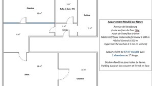A floor plan of a 67 m² apartment with 2 bedrooms on the first floor, a bathroom, a kitchen, a living room, and a dining area. - Appartement en Entier 2 Chambres 6 Couchages (Nancy)