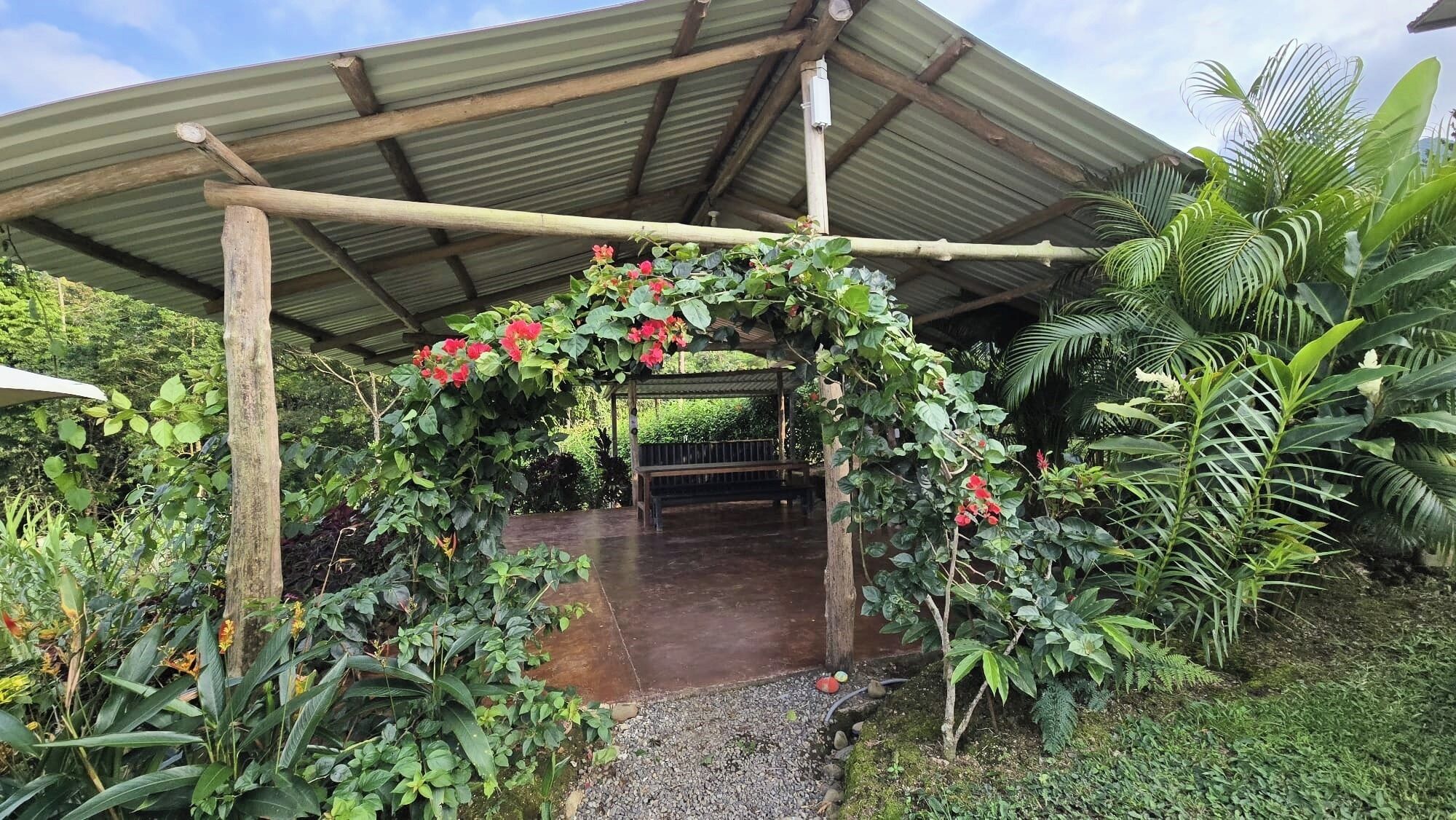 A covered garden area with a wooden bench and a pathway leading to a wooden pergola adorned with flowering plants.