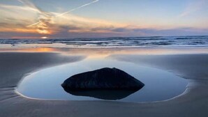 A calm beach with a large rock in the center and a clear sky. - Cottage at the Beach! Dog Friendly and Free EV Charging with beach access. (Yachats)