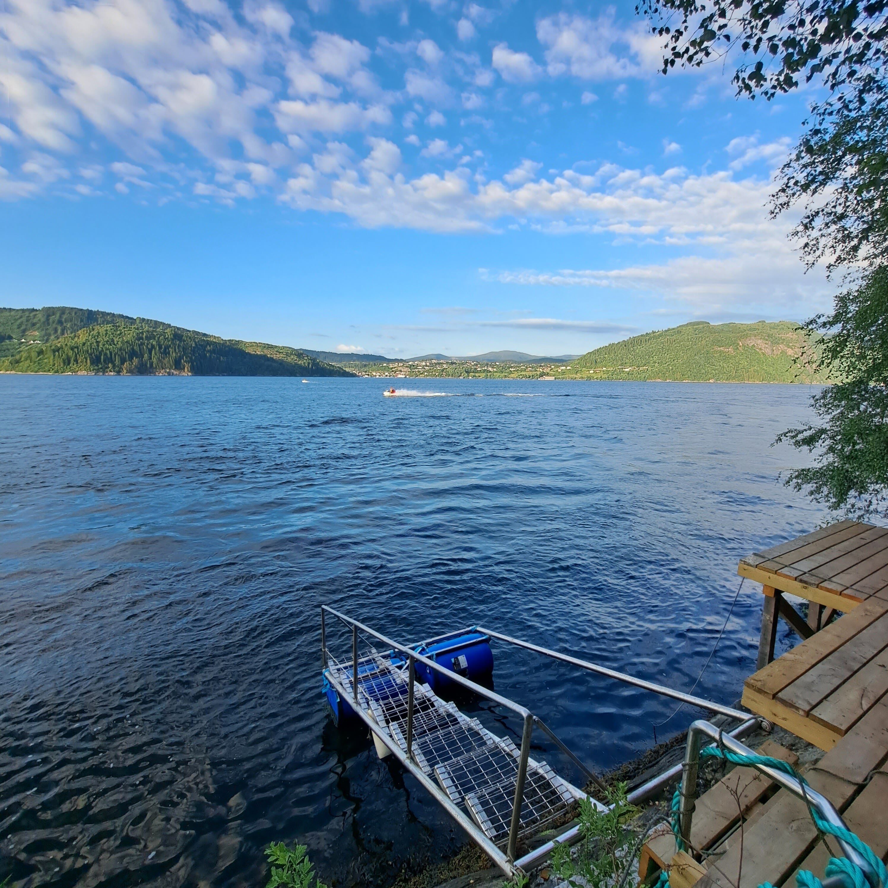 A calm lake with a dock and a boat.