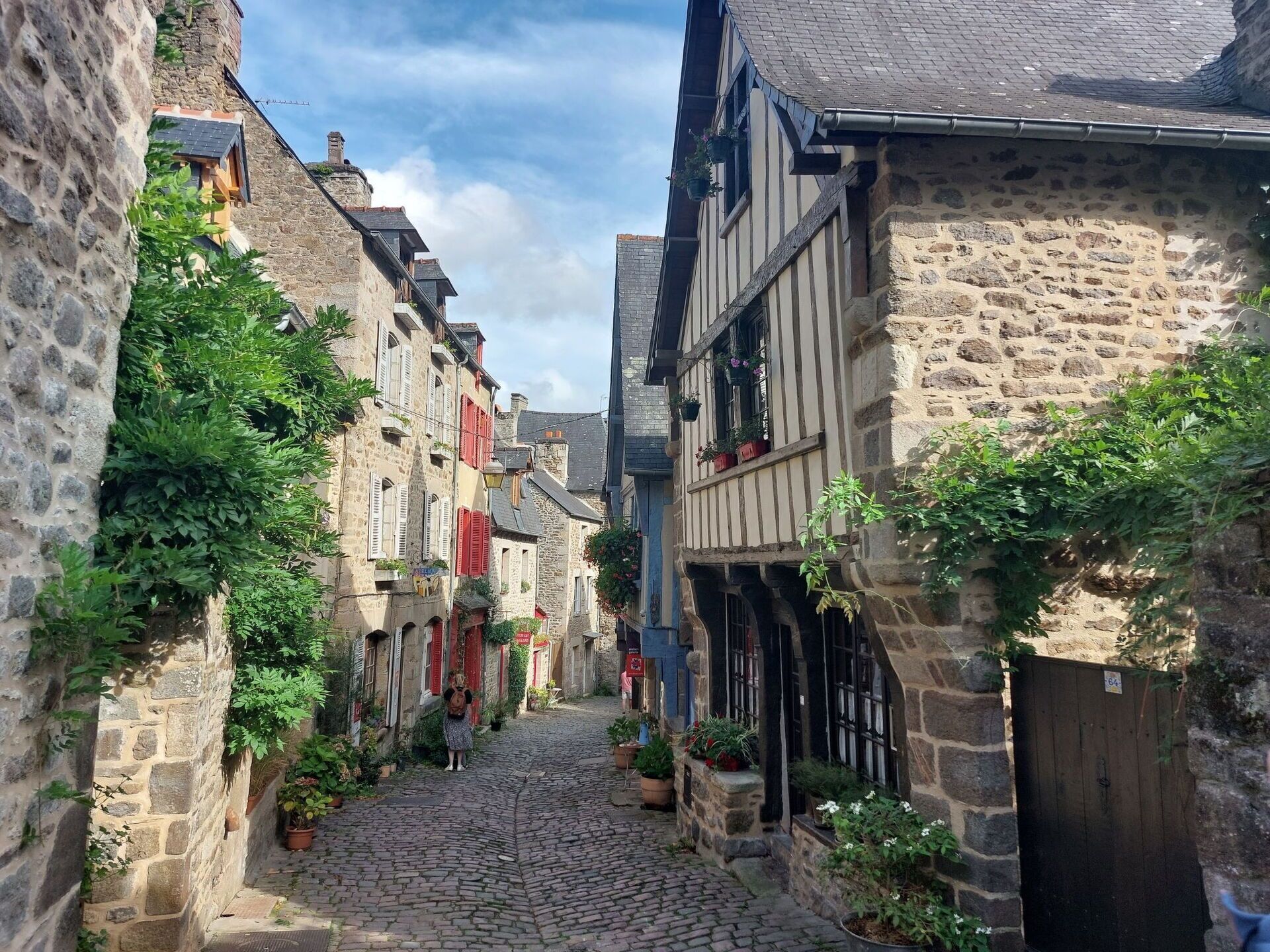 Une ruelle étroite pavée, bordée de bâtiments en pierre dotés de structures en bois apparent et de volets, dont certains sont ornés de plantes en pot.