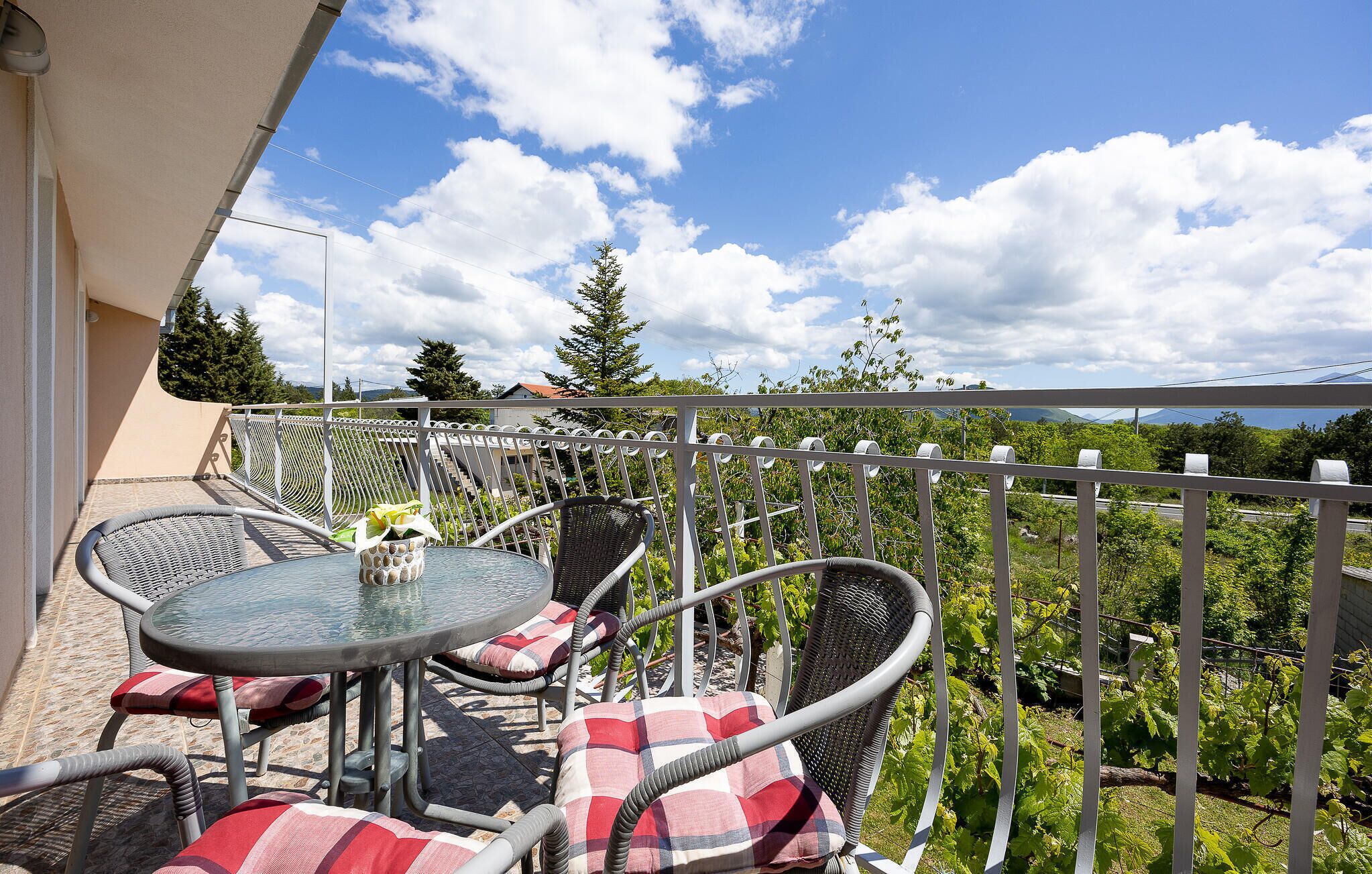 A balcony with a round table and wicker chairs, a potted plant, and a view of a vineyard and mountains.