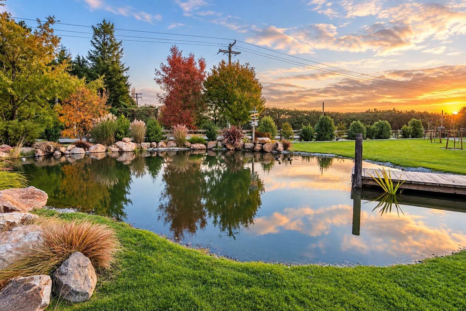 A serene pond with a wooden dock, surrounded by lush greenery and trees with autumn foliage.