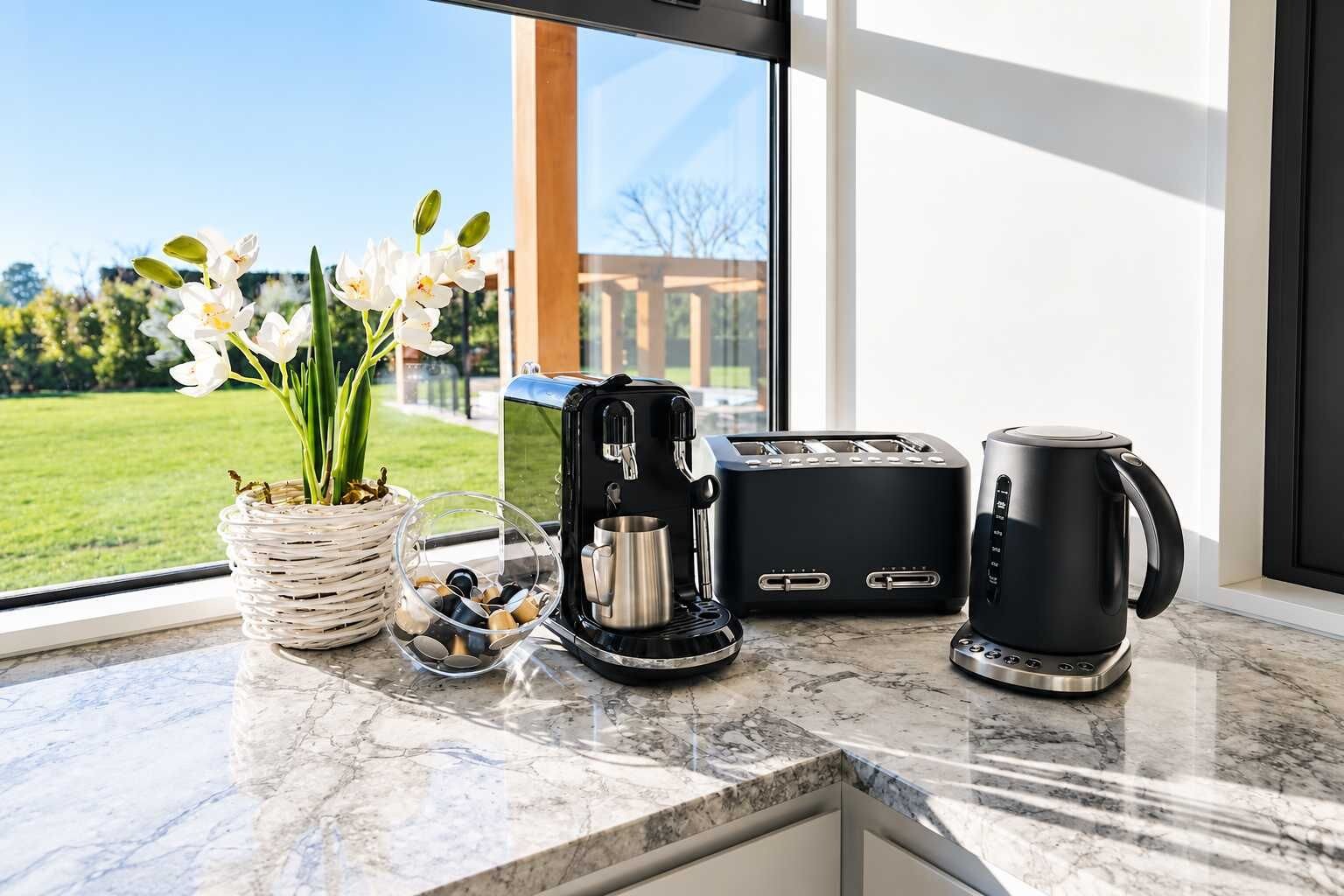 Uma bancada de cozinha com cafeteira, torradeira e xícara, um vaso com flores e vista para uma paisagem verde pela janela.
