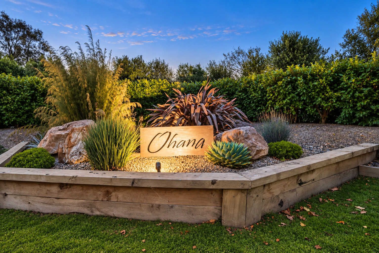 Un jardín ajardinado con un letrero de madera que dice 'Ohana'.