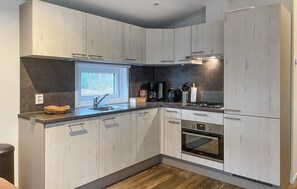 Fridge, stovetop, dishwasher, coffee/tea maker