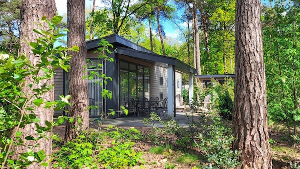 A modern cabin with a patio, surrounded by trees.